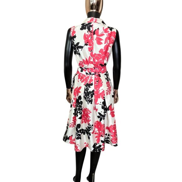 Jessica Howard Pink Black Floral Fit & Flare Dress Size 12 Belted Pleated Midi - Picture 3 of 11